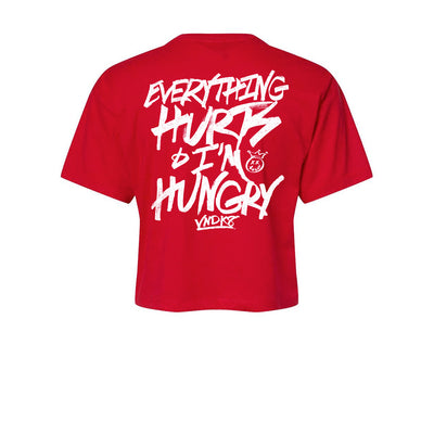 Everything Hurts Women's Crop Tee in Red — back view by VNDK8