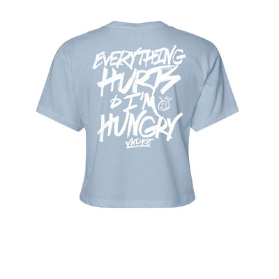 Everything Hurts Women's Crop Tee in Stonewash — back view by VNDK8