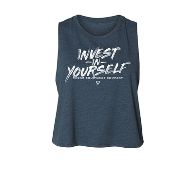 Invest in Yourself Women's Crop Tank in Navy — front view by VNDK8