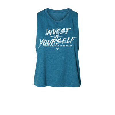 Invest in Yourself Women's Crop Tank in Heather Teal — front view by VNDK8