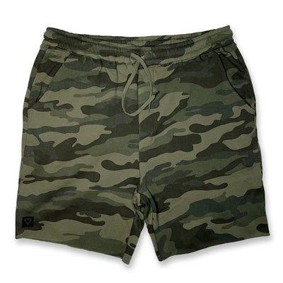 Men's Rest Day Fleece Shorts in Army Camo — front view by VNDK8