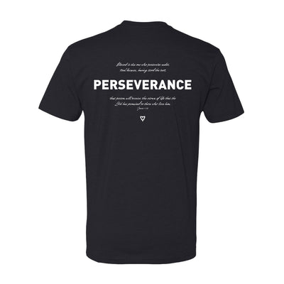 Black t-shirt with 'PERSEVERANCE' text on the back against a black background