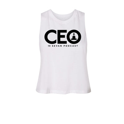 Sevan Podcast CEO Women's Crop Tank in White — front view by VNDK8