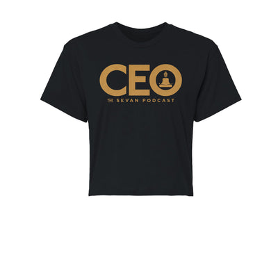 Sevan Podcast CEO Women's Crop Tee in Black/Gold — front view by VNDK8