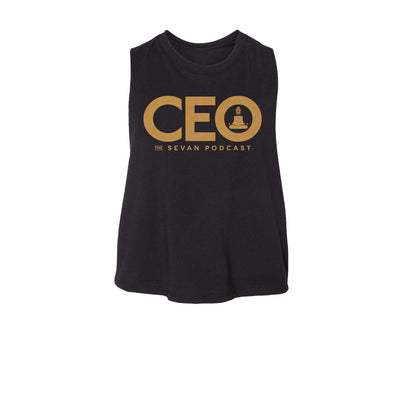 Sevan Podcast CEO Women's Crop Tank in Black/Gold — front view by VNDK8