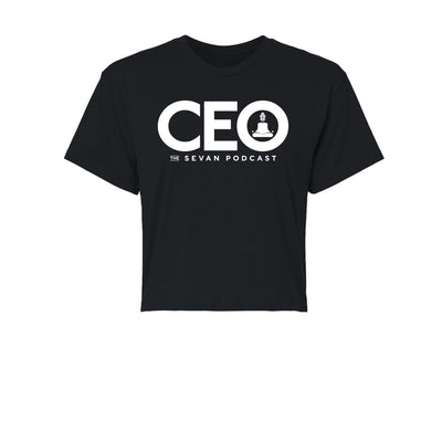Sevan Podcast CEO Women's Crop Tee in Black/White — front view by VNDK8