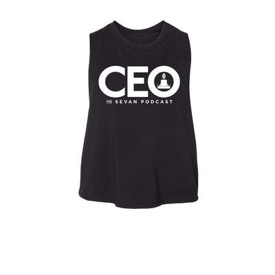 Sevan Podcast CEO Women's Crop Tank in Black — front view by VNDK8