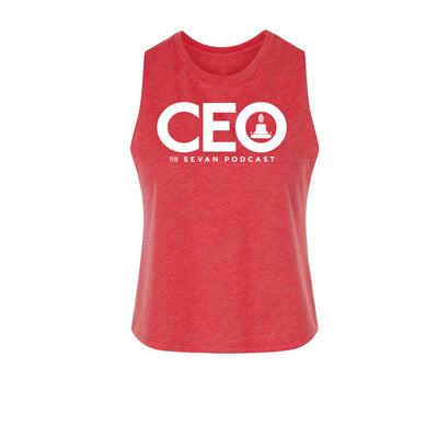 Sevan Podcast CEO Women's Crop Tank in Red — front view by VNDK8