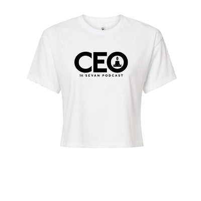 Sevan Podcast CEO Women's Crop Tee in White/Black — front view by VNDK8