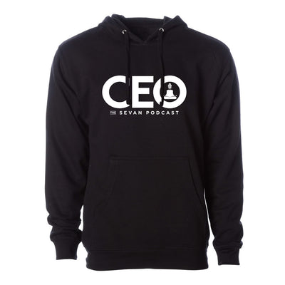 Sevan Podcast CEO Hoodie in Black/White — front view by VNDK8