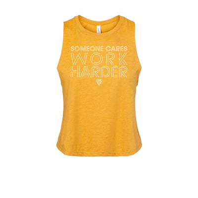Someone Cares Women's Crop Tank in Mustard Yellow — front view by VNDK8