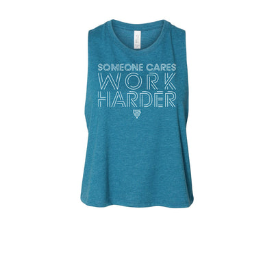 Someone Cares Women's Crop Tank in Heather Teal — front view by VNDK8