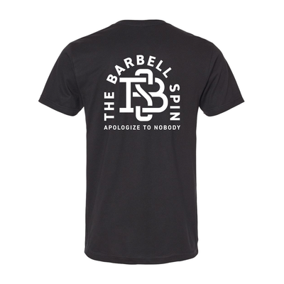 The Barbell Spin No Apologies Athletic Tee in Black — back view by VNDK8