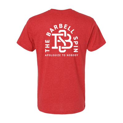 The Barbell Spin No Apologies Athletic Tee in Red — back view by VNDK8