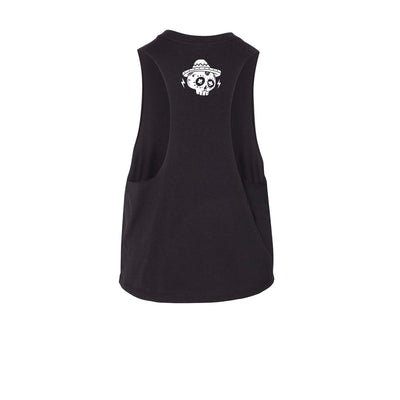 Ego is Not Your Amigo Women's Crop Tank in Black with white graphic — back view by VNDK8