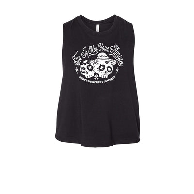 Ego is Not Your Amigo Women's Crop Tank in Black with white graphic — front view by VNDK8