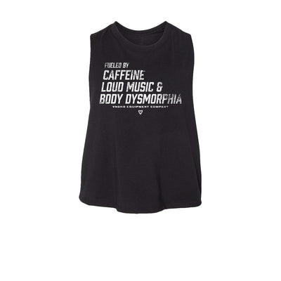 Fueled Women's Crop Tank in Black with VNDK8 graphic — front view by VNDK8