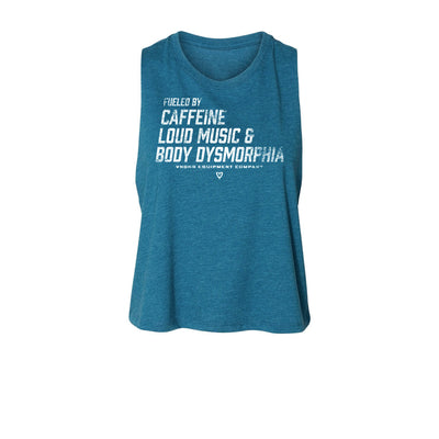 Fueled Women's Crop Tank in Heather Teal with VNDK8 graphic — front view by VNDK8