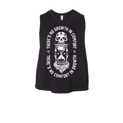 Growth & Comfort Women's Crop Tank in Black with white graphic — front view by VNDK8