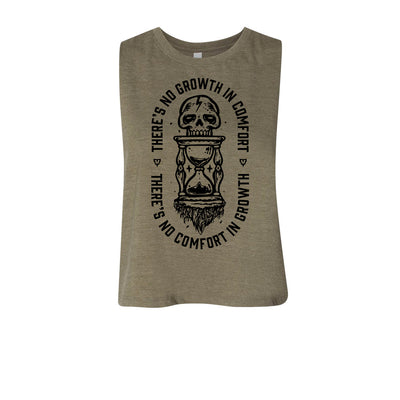 Growth & Comfort Women's Crop Tank in Military Green with black graphic — front view by VNDK8