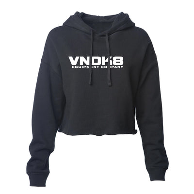 Women's Nameplate Crop Hoodie in Black with white VNDK8 nameplate graphic — cropped fleece by VNDK8