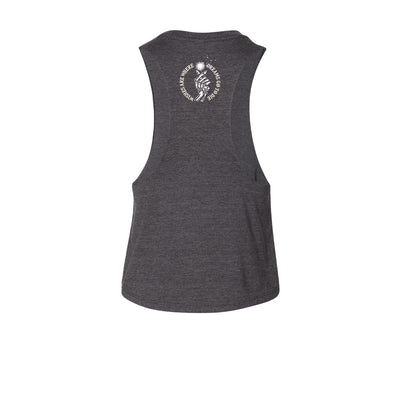 Wishes Women's Crop Tank in Dark Heather Grey — back view by VNDK8