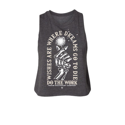 Wishes Women's Crop Tank in Dark Heather Grey — front view by VNDK8