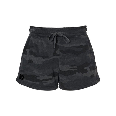Women's Rest Day Fleece Shorts in Black Camo with white drawstring — 7oz burnout fleece by VNDK8