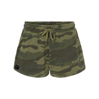 Women's Rest Day Fleece Shorts in Army Camo with black drawstring — burnout fleece by VNDK8